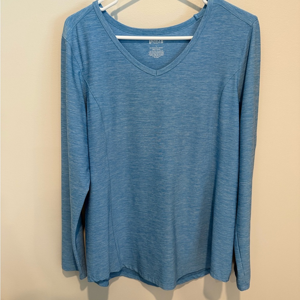 Duluth Trading Long Sleeve Womens Armachillo V-neck Tee Large Blue Heather